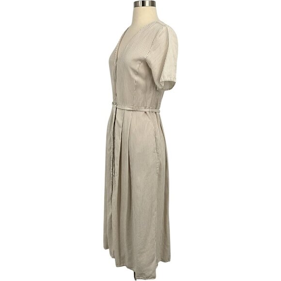 Vetta The Button Up Midi Dress Taupe Stripe Short Sleeve Buttoned Size XS Belted - Picture 4 of 9